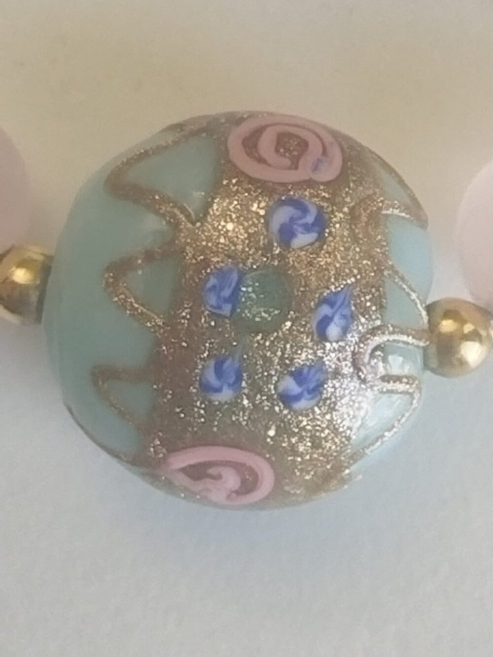 Vintage Murano Venetian Aqua Glass Gold Foil Bead Necklace Rose Quartz Beads - Picture 2 of 15